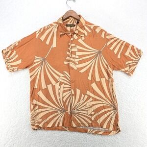 CUBAVERA Mens Linen Blend Short Sleeve Button Shirt Leaf Print Orange L